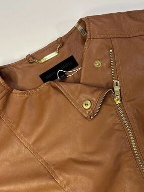 Steve Madden Tan Faux Leather Moto Jacket with Gold Hardware